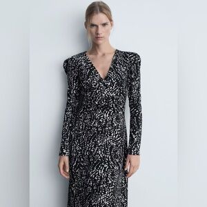 Mango Black printed dress with balloon sleeves NWT